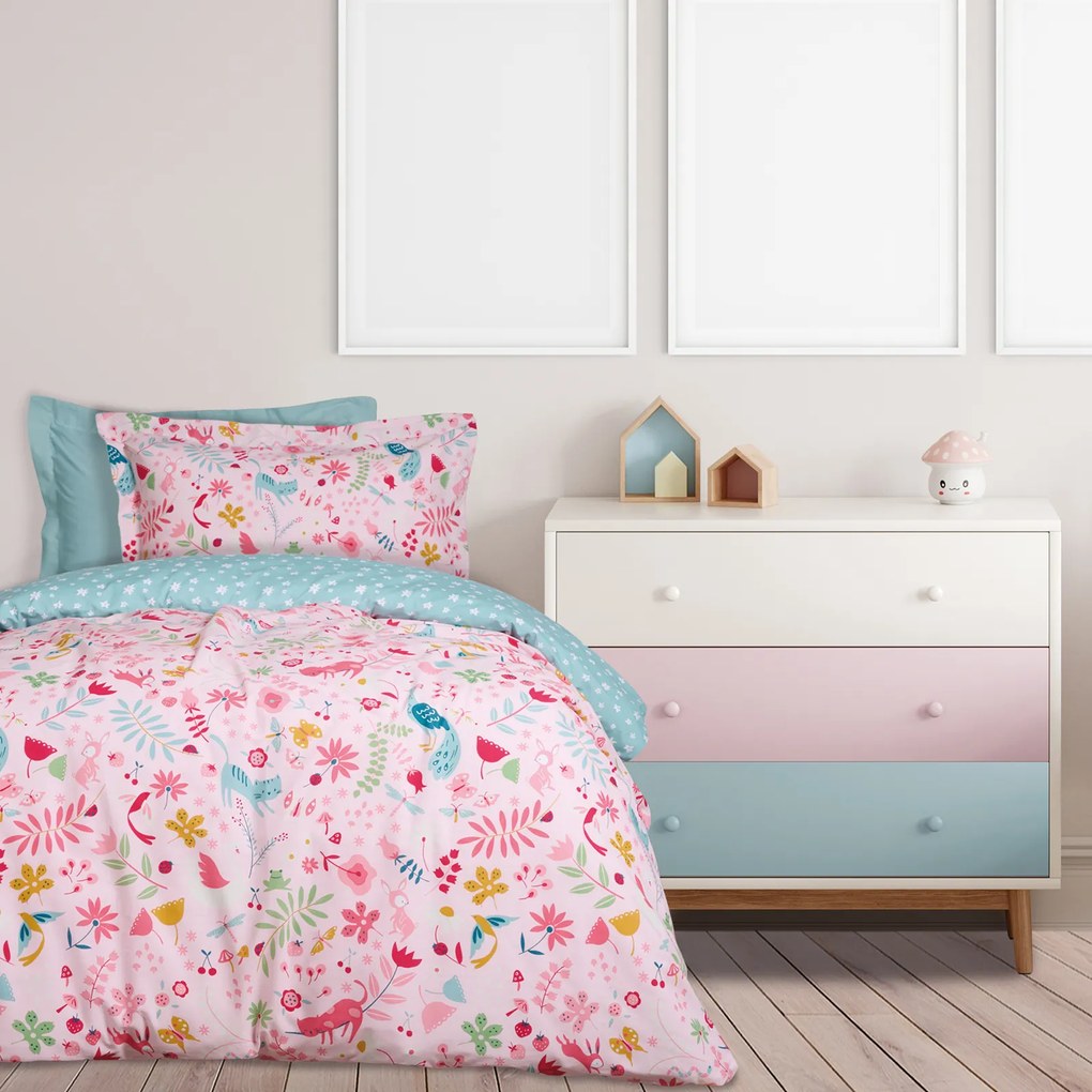 Σετ Παπλωματοθήκη 2 Όψεων Polycotton Μονή 160x240εκ. Kid Line 4873 Μέντα-Ροζ-Φούξια Das Kids