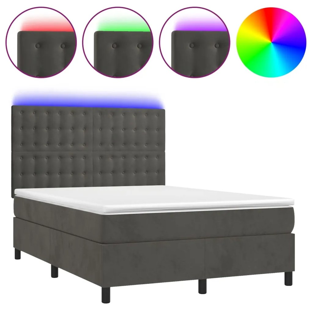 vidaXL Κρεβάτι Boxspring με Στρώμα & LED Σκ. Γκρι 140x190εκ. Βελούδινο