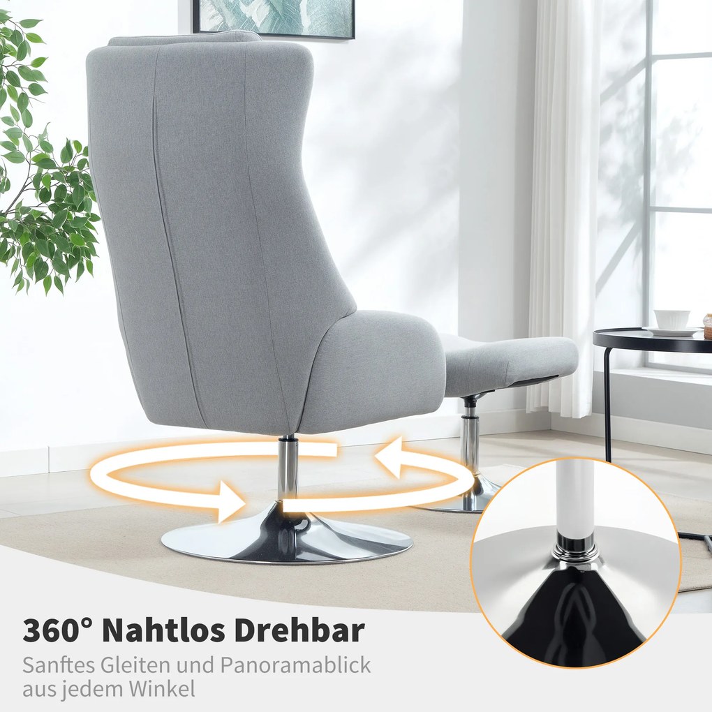 HOMCOM Περιστρεφόμενη Πολυθρόνα με Υποπόδιο, Ανακλινόμενη, Πολυθρόνα με Μπράτσα, για Σαλόνι, Υπνοδωμάτιο, Γκρι