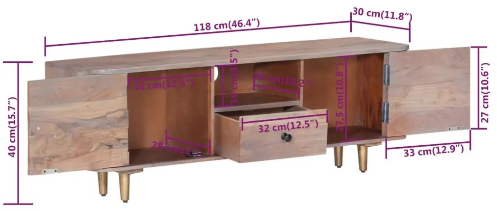 Έπιπλο Τηλεόρασης 118 x 30 x 40 εκ. από Μασίφ Ξύλο Ακακίας - Καφέ