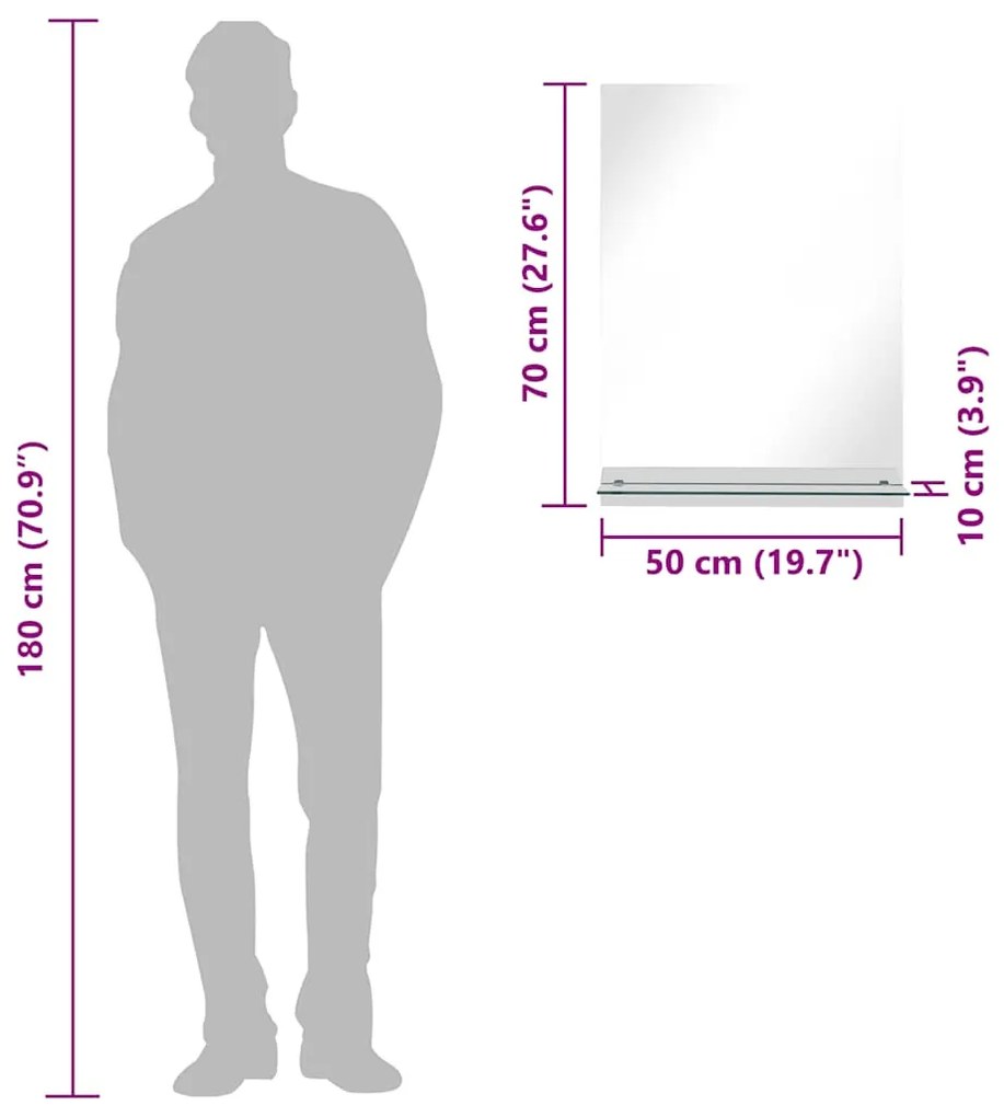 vidaXL Καθρέφτης Τοίχου με Ράφι 50 x 70 εκ. από Ψημένο Γυαλί