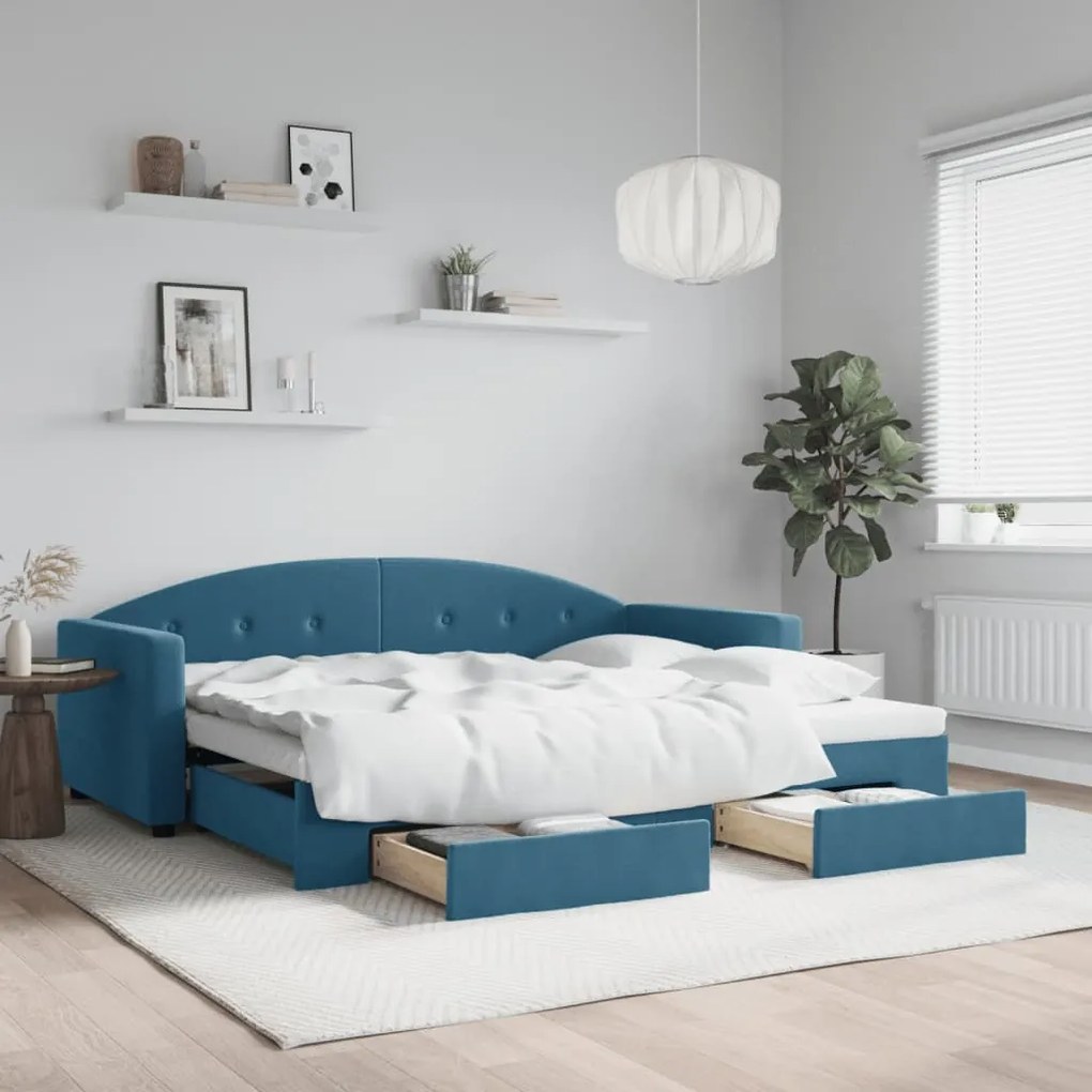 vidaXL Καναπές Κρεβάτι Συρόμενος Μπλε 90x200 εκ. Βελούδινος &amp; Συρτάρια