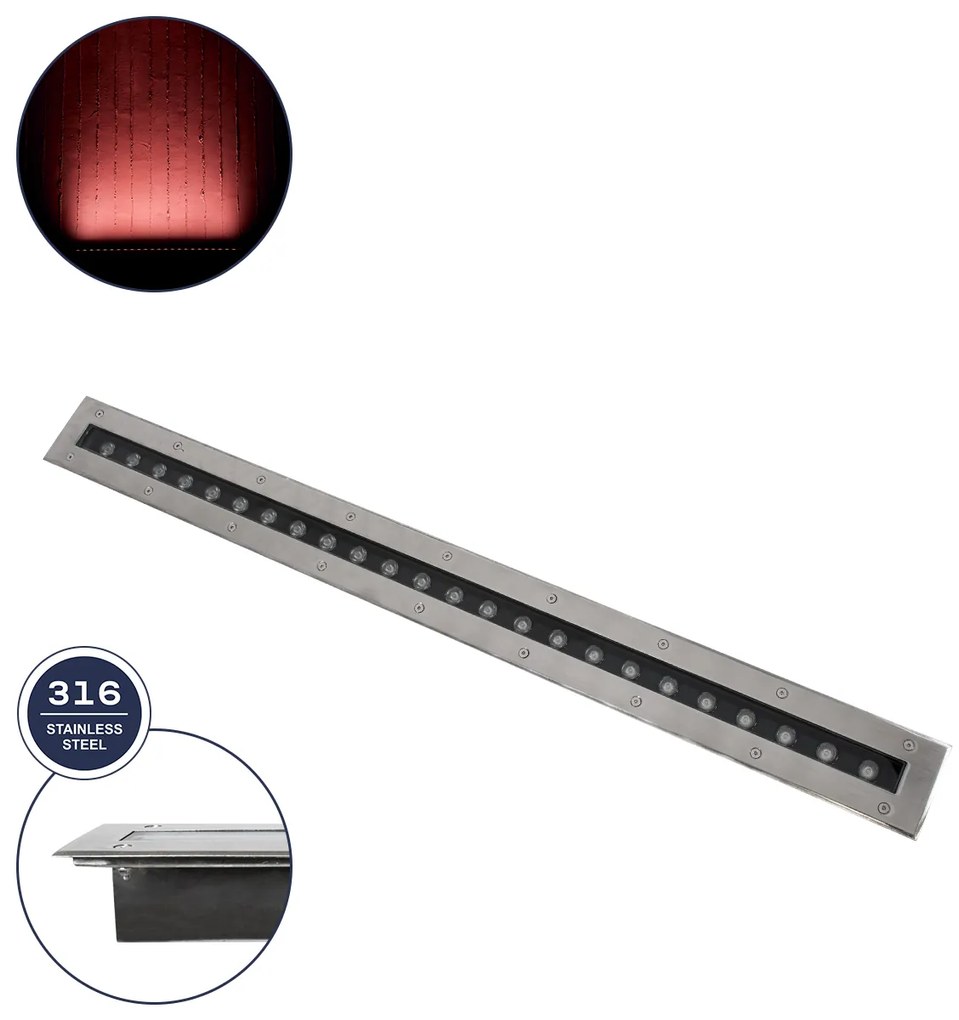 GloboStar® UNDERGROUND-REMVI 90194-R Χωνευτό Φωτιστικό Wall Washer Δαπέδου LED 18W 1440lm 10° DC 24V Αδιάβροχο IP68 L100 x W9 x H7.2cm Κόκκινο - Ανοξείδωτο Ατσάλι - 3 Years Warranty