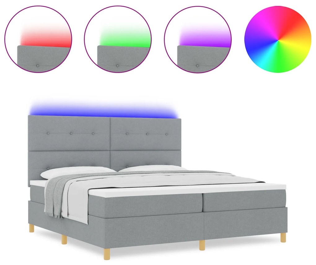 vidaXL Κρεβάτι Box Spring με Στρώμα & LED Φωτισμό Γκρι Ανοιχτό 200x200 εκ. Υλικό