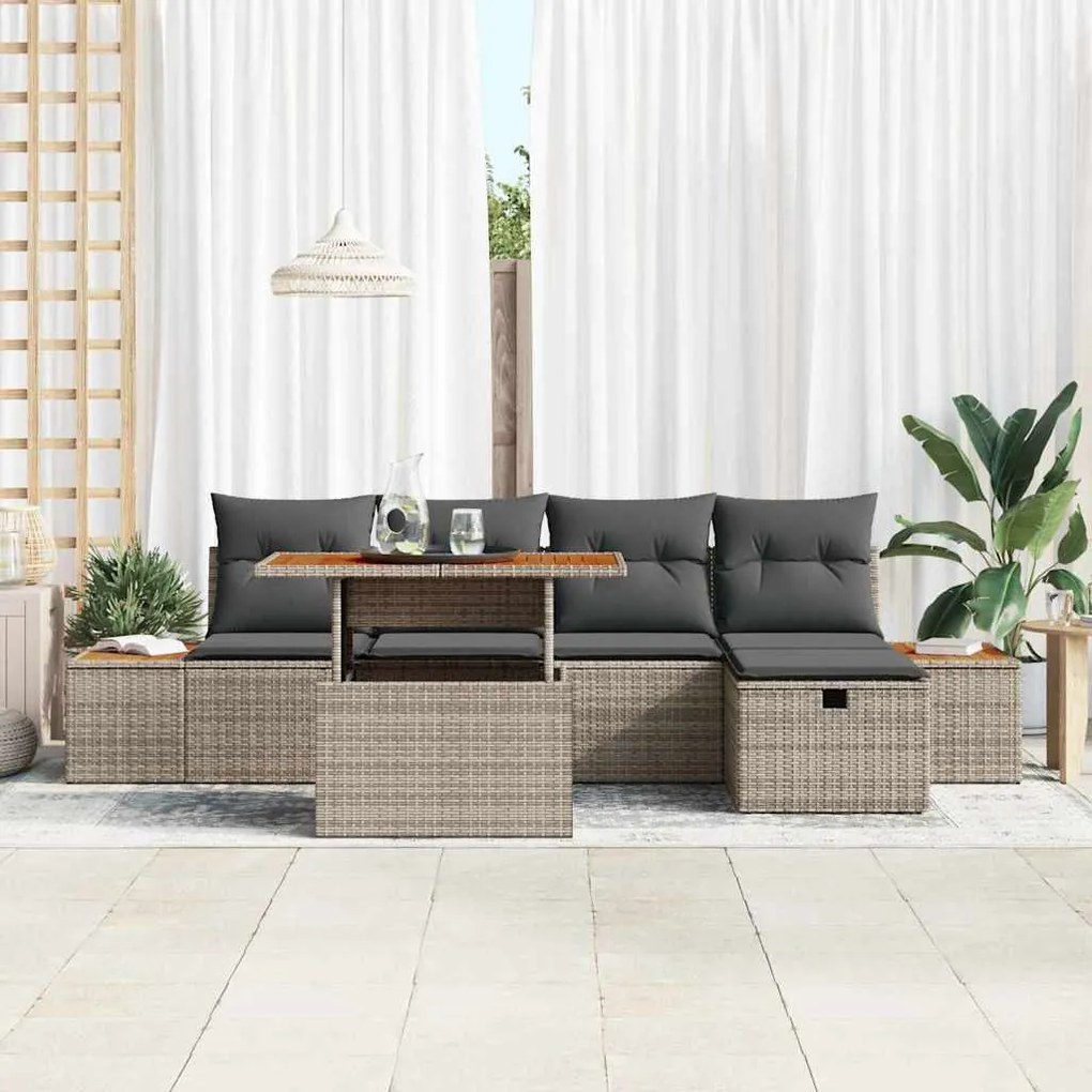 vidaXL Σετ Καναπέ από Poly Rattan 6 Τεμαχίων με Γκρι Μαξιλάρια