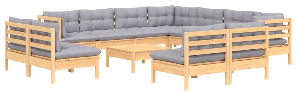 vidaXL Σαλόνι Κήπου Σετ 12 Τεμ. Μασίφ Ξύλο Πεύκου με Γκρι Μαξιλάρια