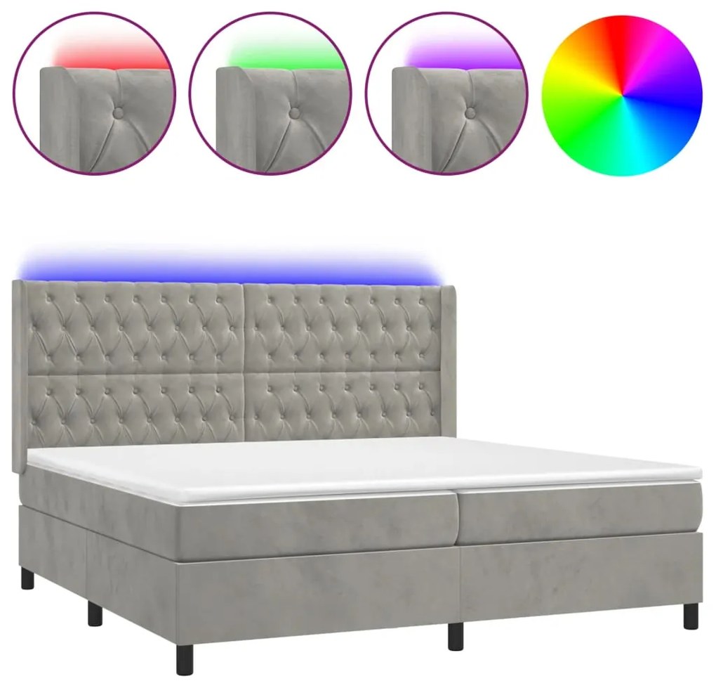 vidaXL Κρεβάτι Boxspring με Στρώμα & LED Αν.Γκρι 200x200 εκ. Βελούδινο