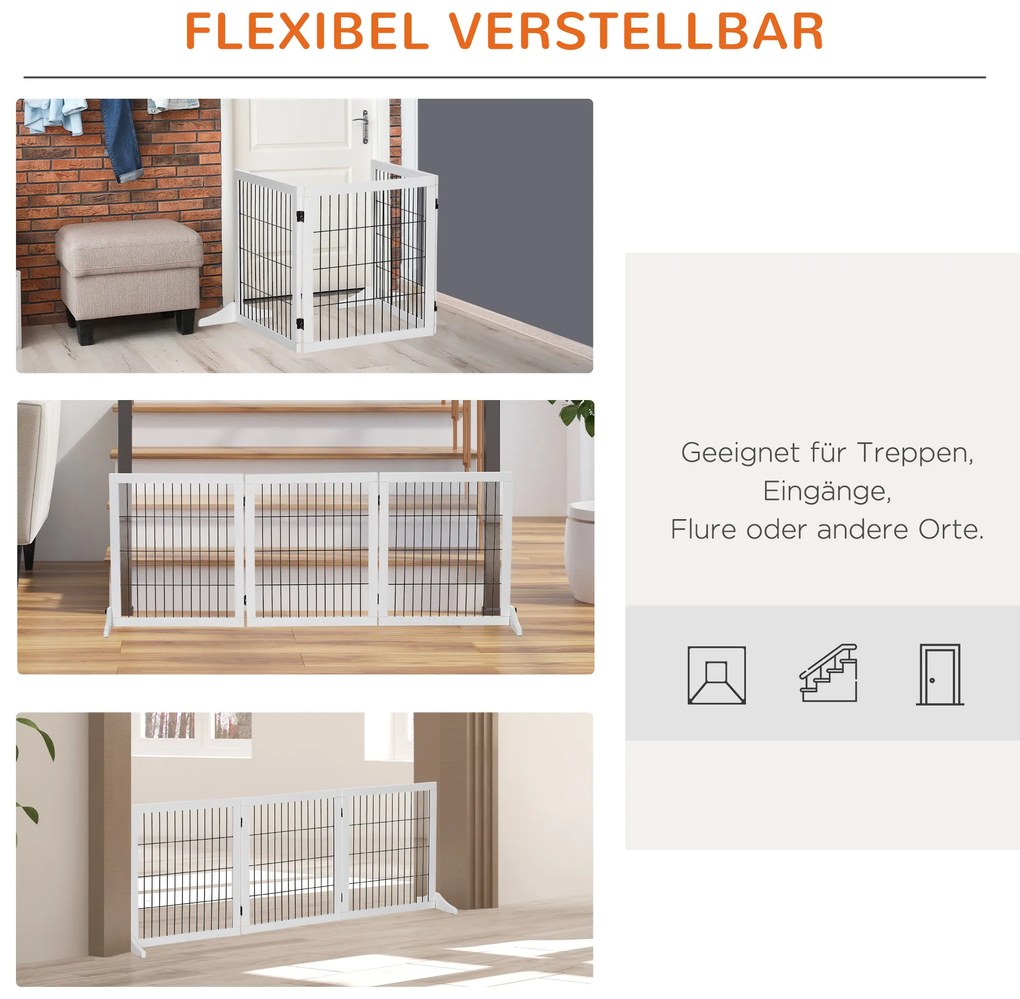 PawHut Πτυσσόμενο Φράγμα Σκύλου με Πόδια Στήριξης, Πύλη Ασφαλείας για Σκύλους, Πύλη Τζακιού & Σόμπας, Ξύλο Πεύκου Λευκό 185 x 36 x 71 cm