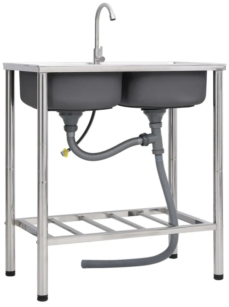 Νεροχύτης Εξωτερ. Χώρου με Διπλή Γούρνα & Μπαταρία Ανοξ. Ατσάλι