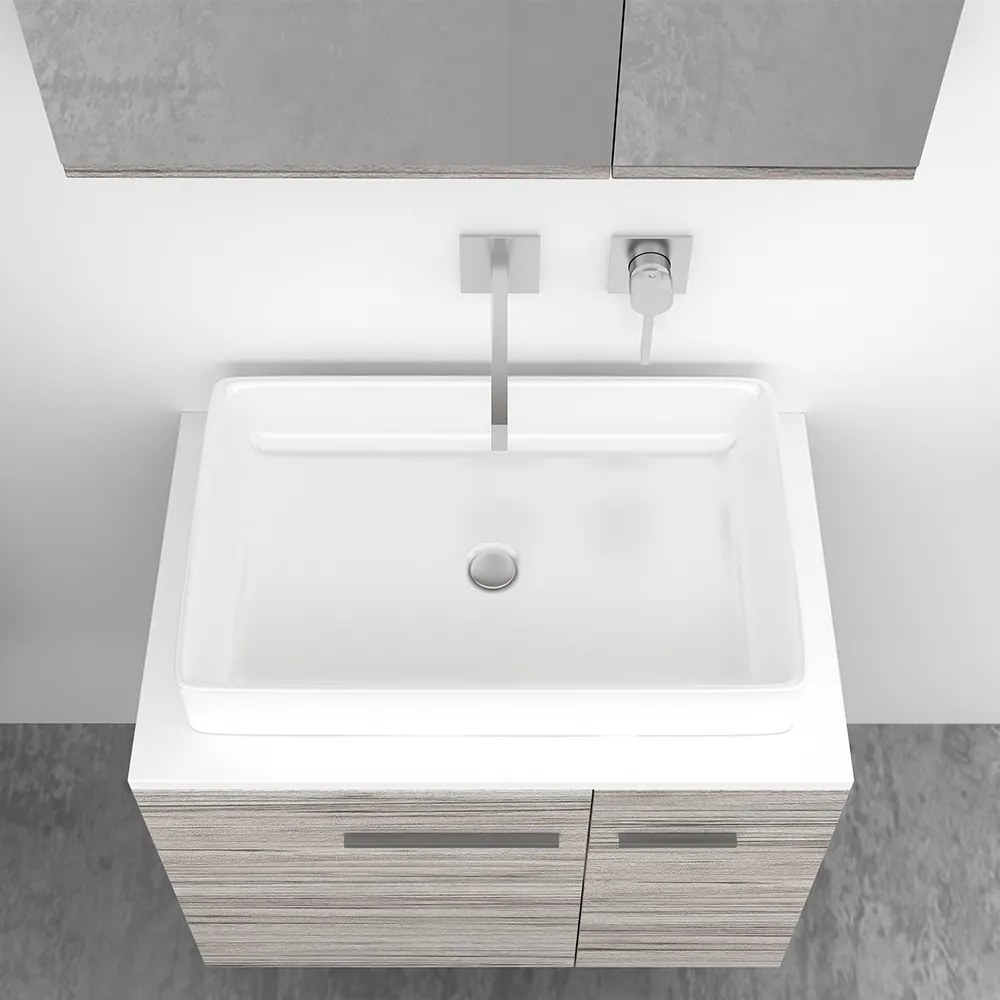 Orabella Solid Surface 70 με μια Πόρτα και δύο Συρτάρια - Κρεμαστό Έπιπλο Μπάνιου για επικαθήμενο νιπτήρα και καθρέπτης ντουλάπι - F60175