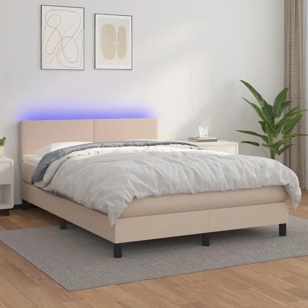 Κρεβάτι Boxspring Στρώμα&amp;LED Καπουτσίνο 140x200 εκ. Συνθ. Δέρμα - Καφέ