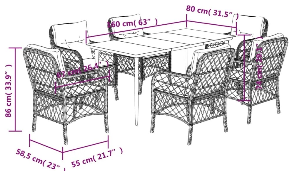 vidaXL Σετ Τραπεζαρίας Κήπου 7 Τεμ. Μαύρο Συνθετικό Ρατάν με Μαξιλάρια