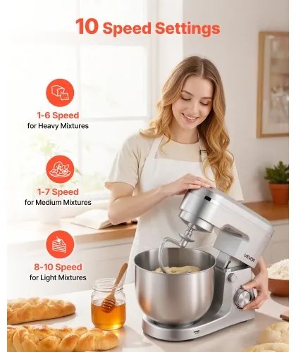 VEVOR Stand Mixer, 4.2 L+5.7 L Electric Kitchen Mixer, 1500W Dough-Mixer, 10 Speeds Tilt-head Food-Mixer with Stainless Steel Bowls, Dough Hook, Whisk, Beater, for Baking, Mixing, Whipping & Kneading