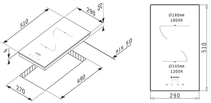 Εστία κεραμική Pyramis Αφής χωρίς Πλαίσιο PHC31210FMB 29x51x5 εκ.