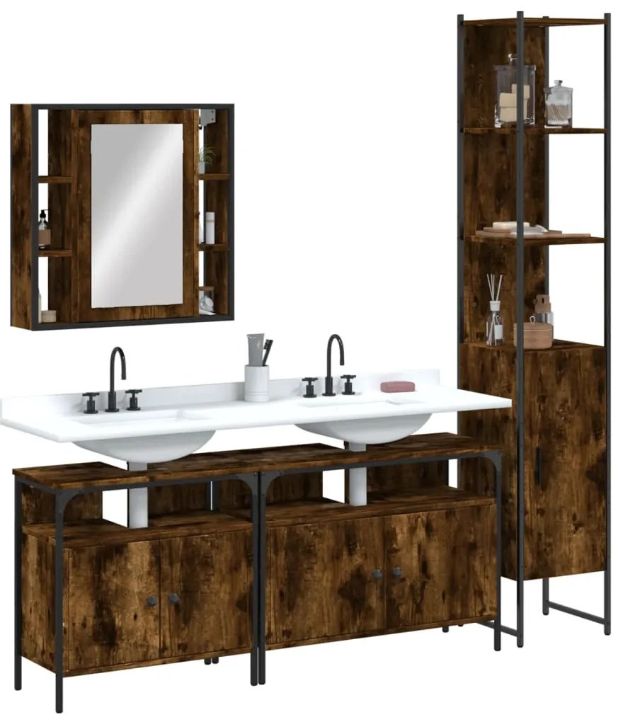 vidaXL Σετ Επίπλων Μπάνιου 4 Τεμαχίων Καπνιστή Δρυς Επεξεργασμένο Ξύλο