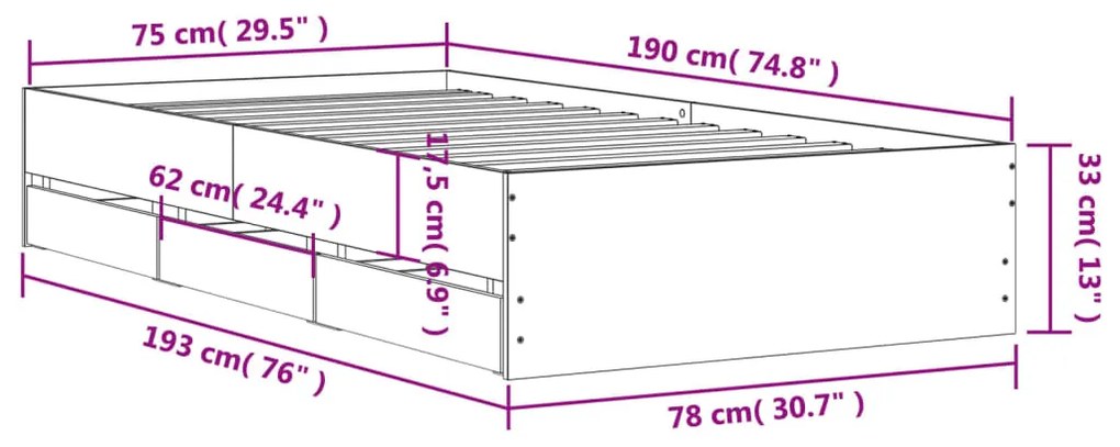 Πλαίσιο Κρεβατιού με Συρτάρια Καφέ Δρυς 75x190 εκ. - Καφέ