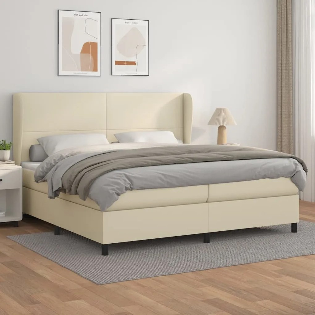 vidaXL Κρεβάτι Boxspring με Στρώμα Κρεμ 200x200 εκ. Συνθετικό Δέρμα