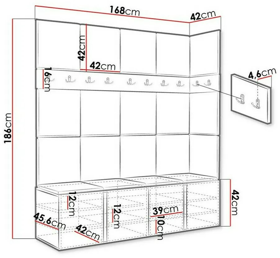 Σετ διαδρόμου Hartford 265, 186x168x46cm, 27 kg, Άσπρο, Ταπισερί, Πλαστικοποιημένη μοριοσανίδα, Εντοιχισμένη, Τοίχου | Epipla1.gr