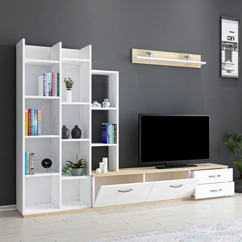 Σύνθεση σαλονιού Leman pakoworld σε λευκή-oak απόχρωση 240x35x154εκ - 120-000488