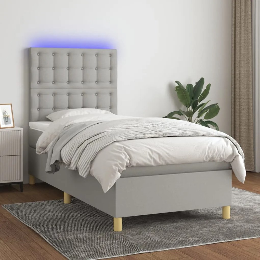 Κρεβάτι Boxspring με Στρώμα &amp; LED Αν.Γκρι 90x190 εκ. Υφασμάτινο