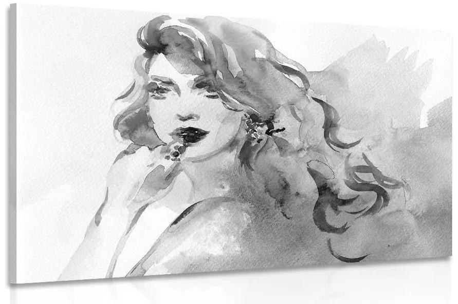 Εικόνα ακουαρέλα γυναικείο πορτρέτο σε ασπρόμαυρο σχέδιο
