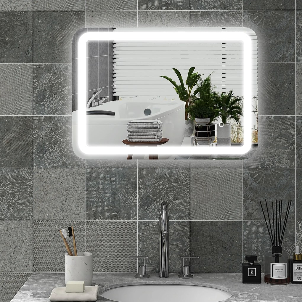 HOMCOM Καθρέφτης μπάνιου, φωτιζόμενος, έλεγχος αφής, αντιθαμβωτικός, ρυθμιζόμενος, 3 χρώματα φωτισμού, 50x70, Ασημί