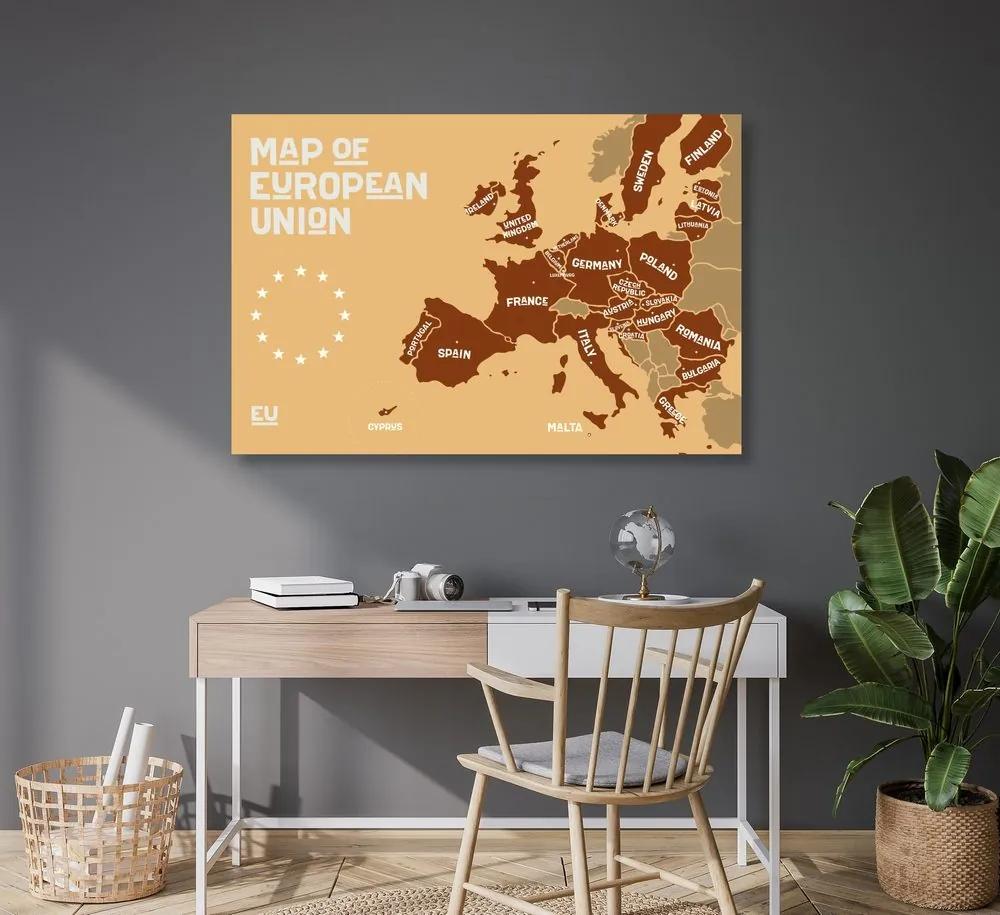 Εικόνα στον εκπαιδευτικό χάρτη από φελλό με ονόματα χωρών της ΕΕ σε αποχρώσεις του καφέ - 120x80  wooden