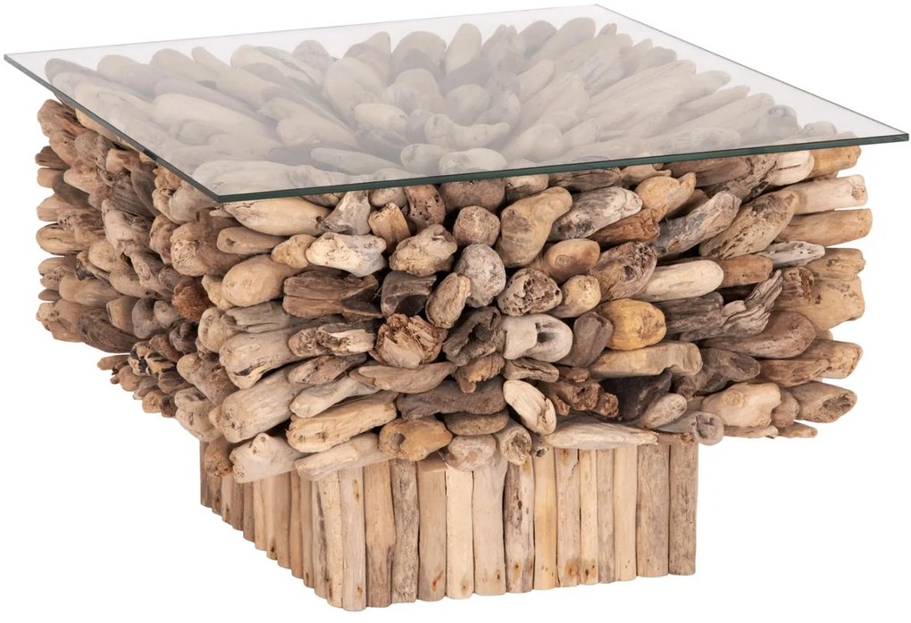 Τραπεζάκι σαλονιού SPARROW C9963 Τετράγωνο Driftwood &amp; Γυαλί 75x75x51Υ εκ. 75x75x51 εκ.
