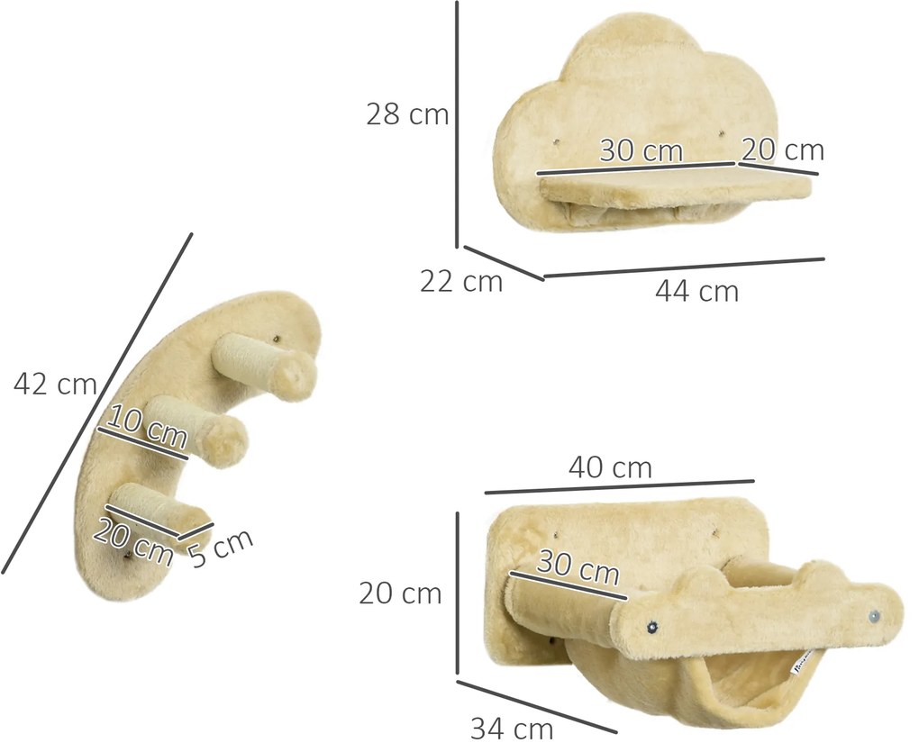 PawHut Σκάλα για γάτες, Σετ 4 τεμαχίων, Σκάλα 3 σκαλοπατιών, 2 πλατφόρμες, Αιώρα, Βελούδινη επένδυση, Μπεζ