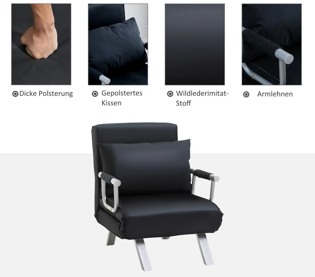 HOMCOM Καναπές-Κρεβάτι 3-σε-1, Κρεβάτι για Επισκέπτες, Πολυθρόνα με Μαξιλάρι, Μαύρο