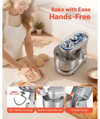 VEVOR Stand Mixer, 4.2 L+5.7 L Electric Kitchen Mixer, 1500W Dough-Mixer, 10 Speeds Tilt-head Food-Mixer with Stainless Steel Bowls, Dough Hook, Whisk, Beater, for Baking, Mixing, Whipping & Kneading