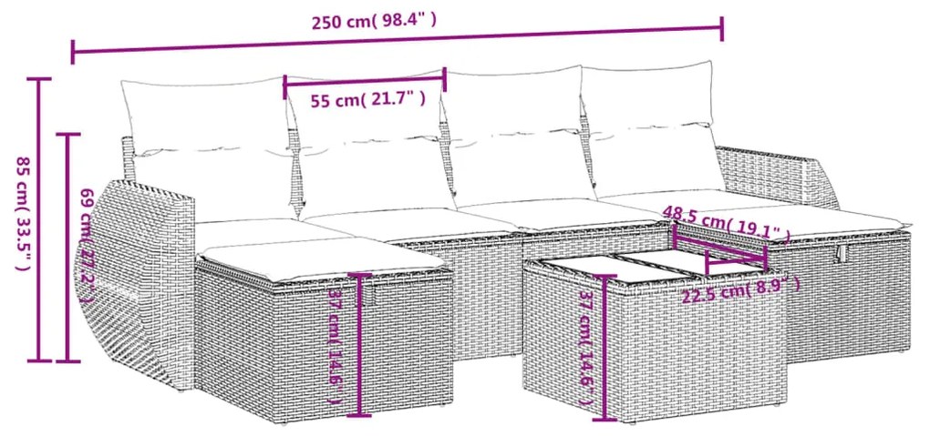 vidaXL Σαλόνι Κήπου Σετ 6 Τεμαχίων Καφέ Συνθετικό Ρατάν με Μαξιλάρια