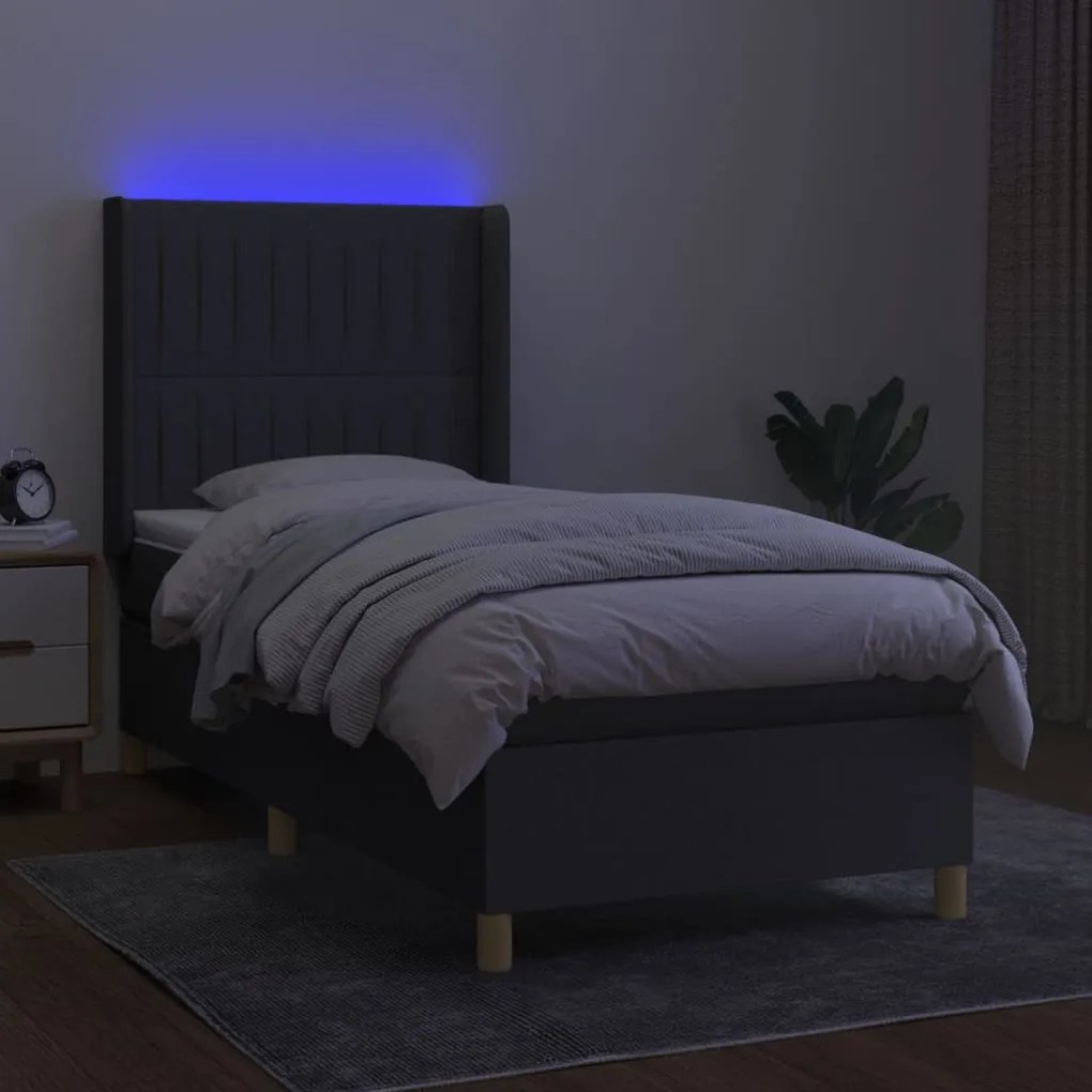 vidaXL Κρεβάτι Boxspring με Στρώμα & LED Σκ.Γκρι 80x200 εκ. Υφασμάτινο