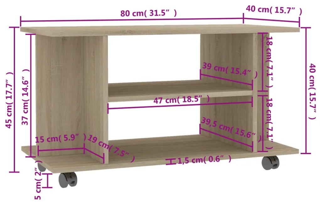 vidaXL Έπιπλο Τηλεόρασης με Ρόδες Sonoma Δρυς 80x40x45 εκ. Επεξ. Ξύλο