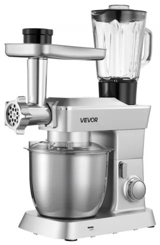 VEVOR Stand Mixer, 4.3 L Electric Kitchen Mixer, 1300W Dough-Mixer, 6+P Speeds Tilt-head Food-Mixer with 1.5 L Blender Cup, Stainless Steel Bowl, Dough Hook, Whisk, Beater, for Baking, Mixing, Silver
