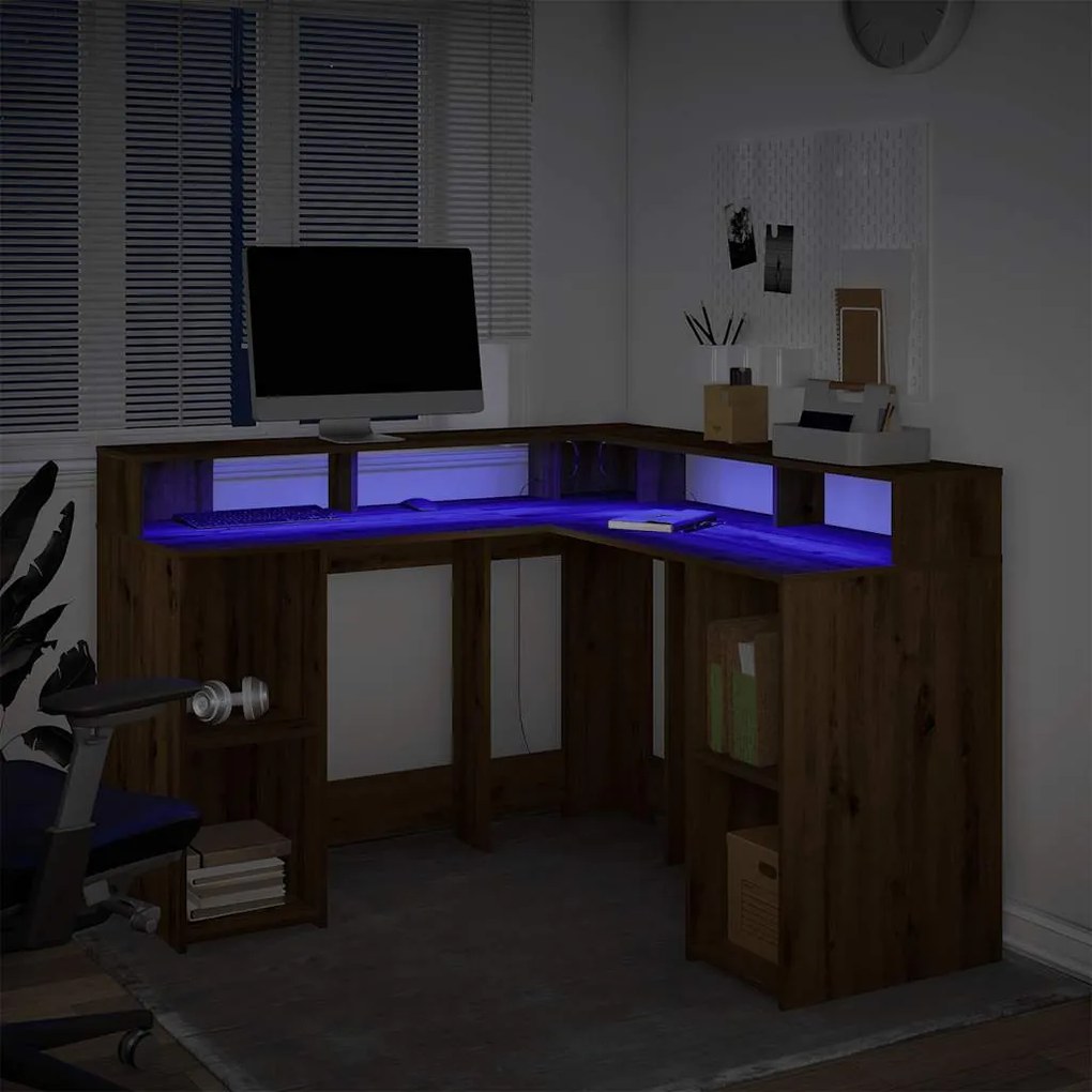 vidaXL Γραφείο με LED Αρτισιανή Δρυς 130x130x91 εκ. Επεξεργ. Ξύλο