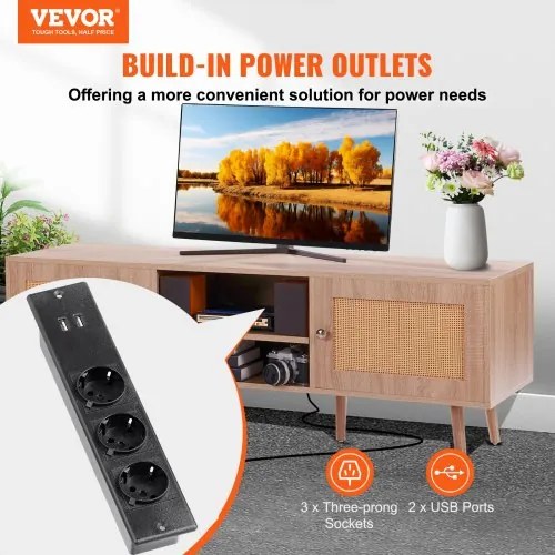 VEVOR Rattan TV Stand for 65&quot; TV Boho TV Stand with Build-in Socket Oak