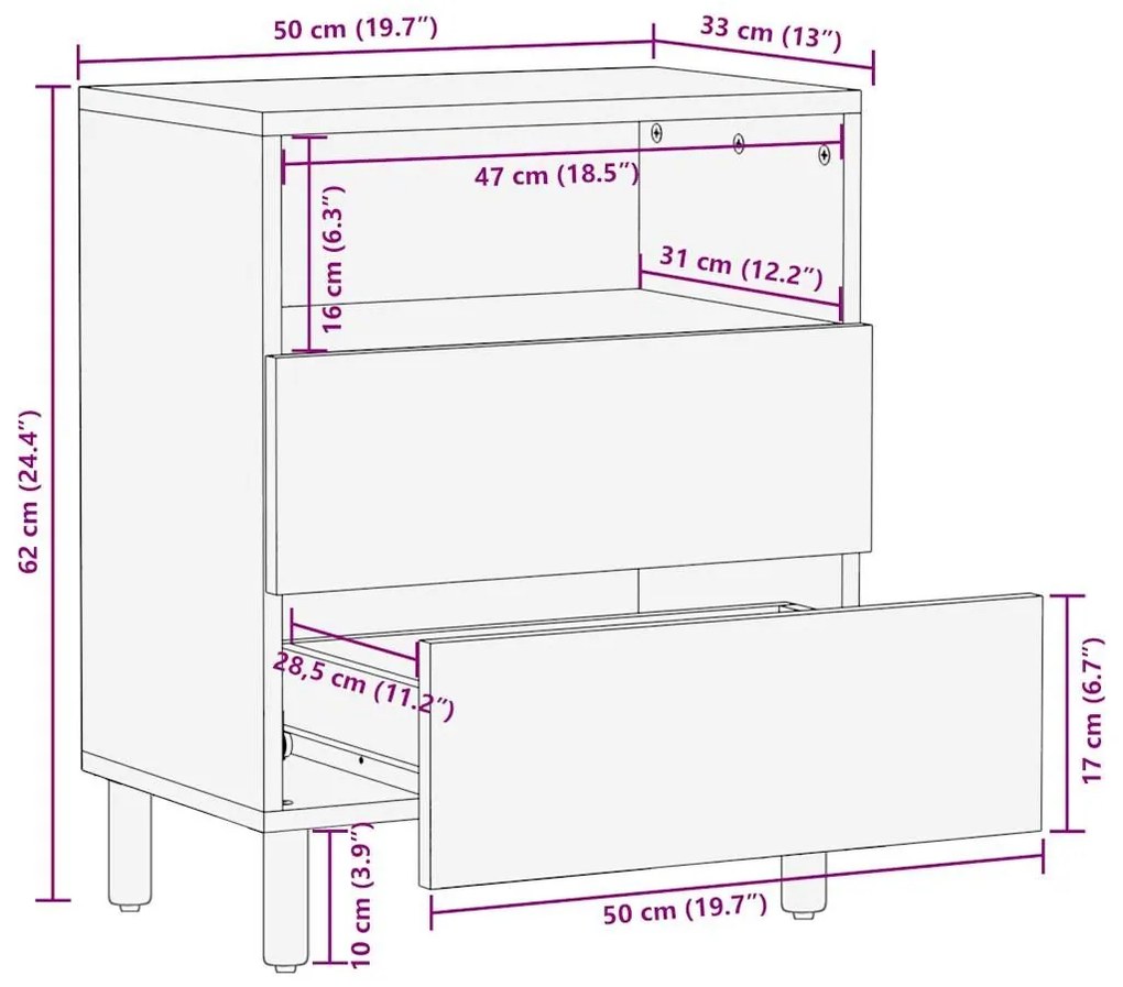 Κρεβατοκάμαρα Μαύρο 50x33x62 cm Στερεό ακατέργαστο ξύλο Mango - Μαύρο