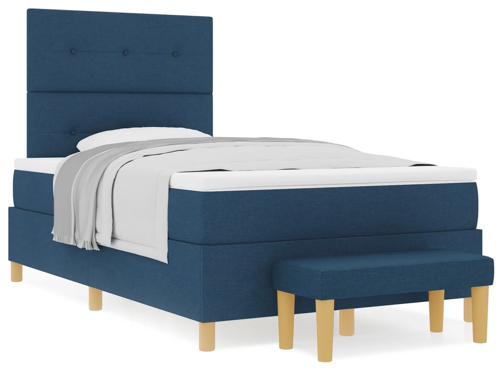 vidaXL Κρεβάτι Box Spring με Στρώμα & Πάγκο Μπλε 120x200 εκ Υφάσματος