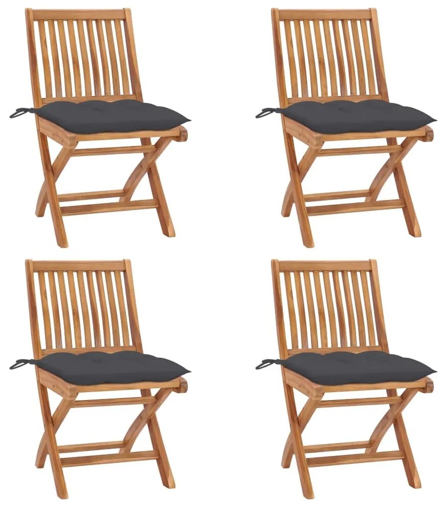Καρέκλες Κήπου Πτυσσόμενες 4 τεμ. Μασίφ Ξύλο Teak με Μαξιλάρια - Ανθρακί