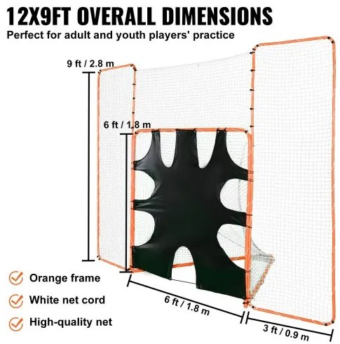 VEVOR 3-IN-1 Lacrosse Goal with Backstop and Target, 12' x 9' Lacrosse Net, Steel Frame Backyard Lacrosse Rebounder Equipment, Quick & Easy Setup Training Net, Perfect for Youth Adult Training, Orange