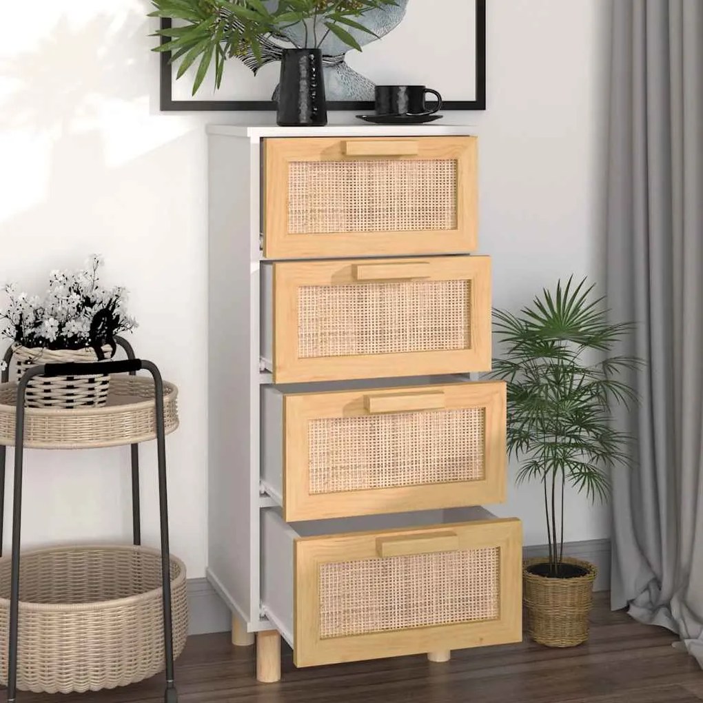 vidaXL Συρταριέρα Λευκή 40 x 30 x 90 εκ. Μασίφ Πεύκο &amp; Φυσικό Ρατάν