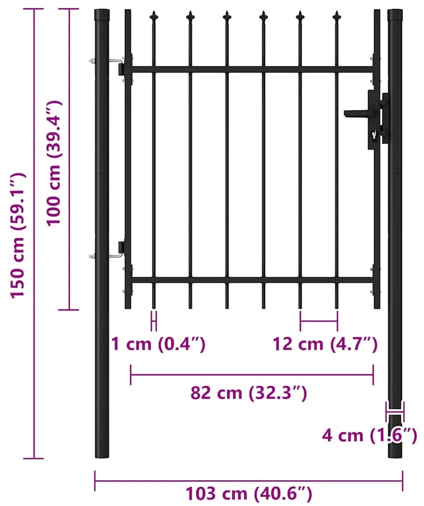 vidaXL Καγκελόπορτα Μονή με Ακίδες Μαύρη 1 x 1 μ. Ατσάλινη