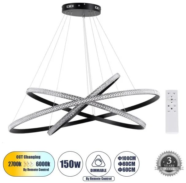 Κρεμαστό Φωτιστικό Οροφής LED 150W 18379lm DIAMOND ΤRIO DECO Globostar-61140-DECO-Μαύρο 61140-DECO