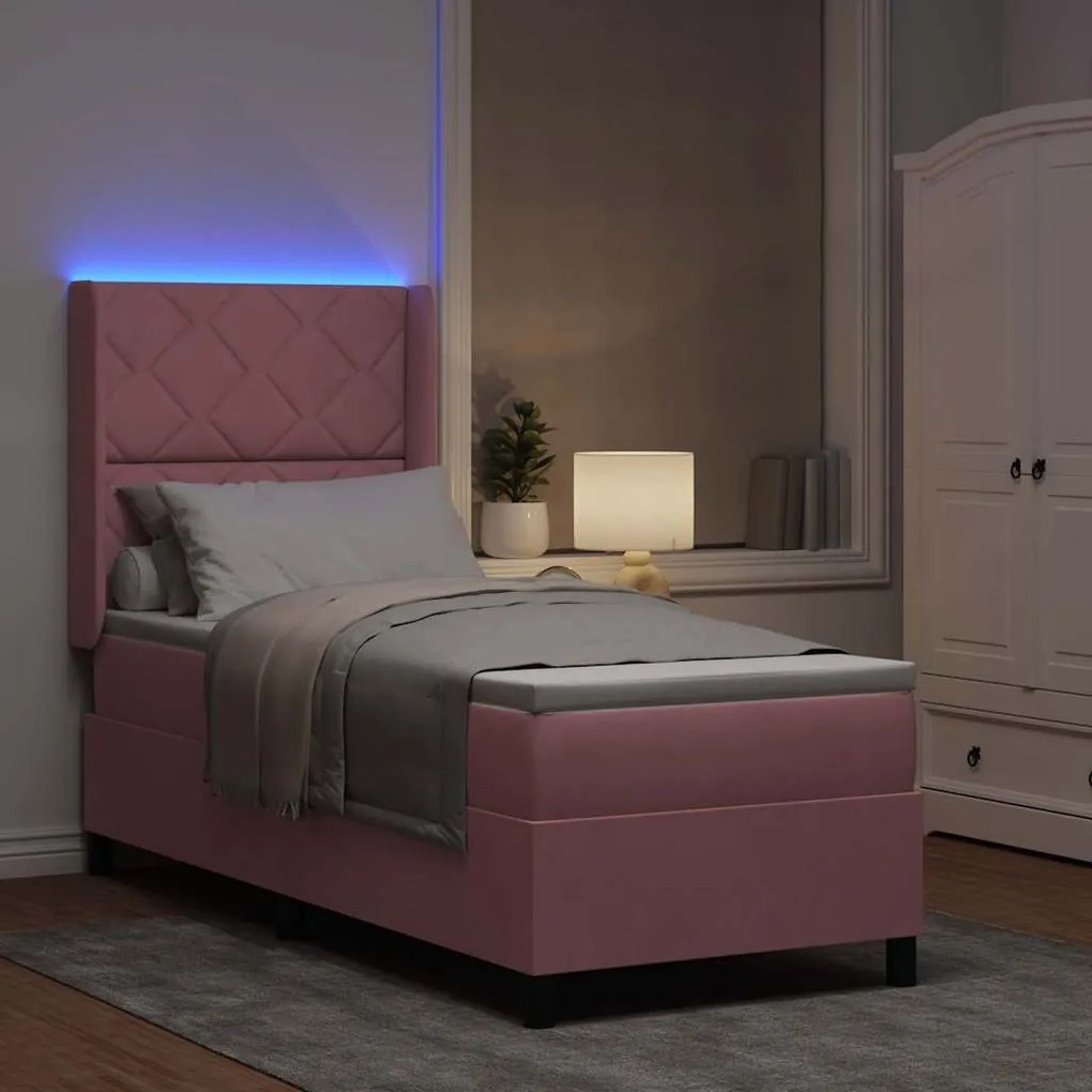 vidaXL Κρεβάτι Box Spring LED με Στρώμα Ροζ 80 x 200 cm Βελούδο