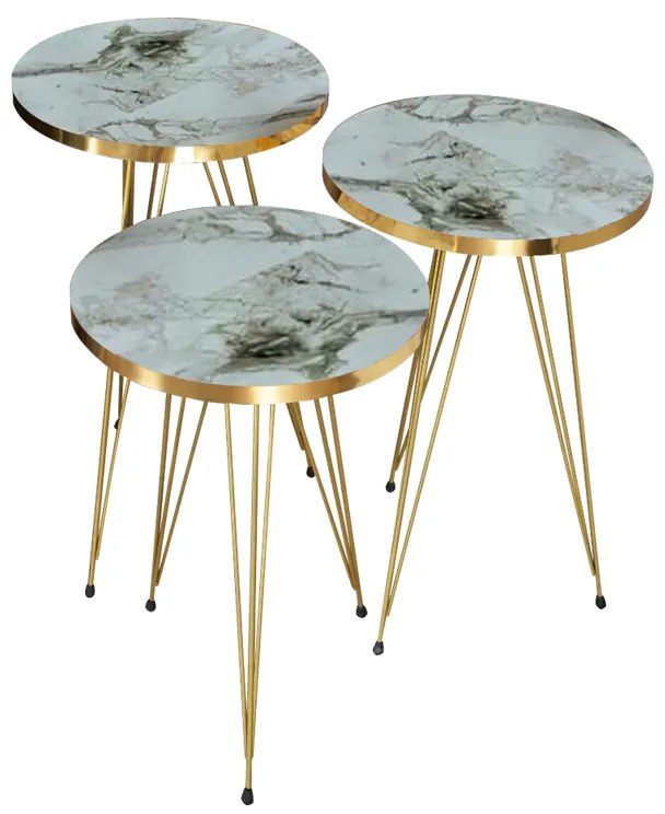 Βοηθητικά τραπέζια Wakmi pakoworld σετ 3τεμ λευκό μπεζ μαρμάρου μελαμίνης-χρυσό μέταλλο