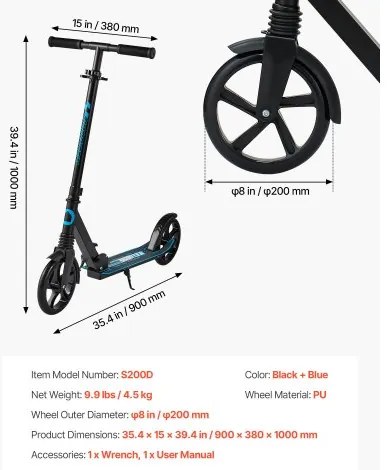 VEVOR Kick Scooter for Kids Ages 8+, Teens &amp; Adults, 2-Wheel Toddler Scooter with Adjustable Height Handlebar, Wide Anti-Slip Deck, Foldable Lightweight for Boys &amp; Girls up to 99.8 kg, Black + Blue