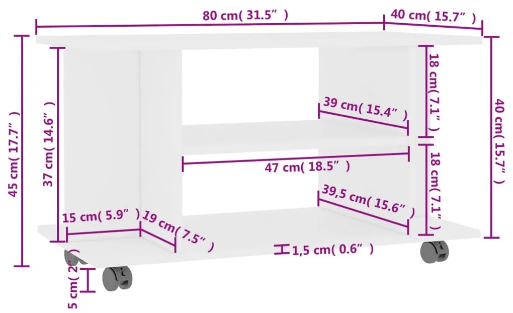 vidaXL Έπιπλο Τηλεόρασης με Ρόδες Λευκό 80x40x45 εκ. Επεξ. Ξύλο