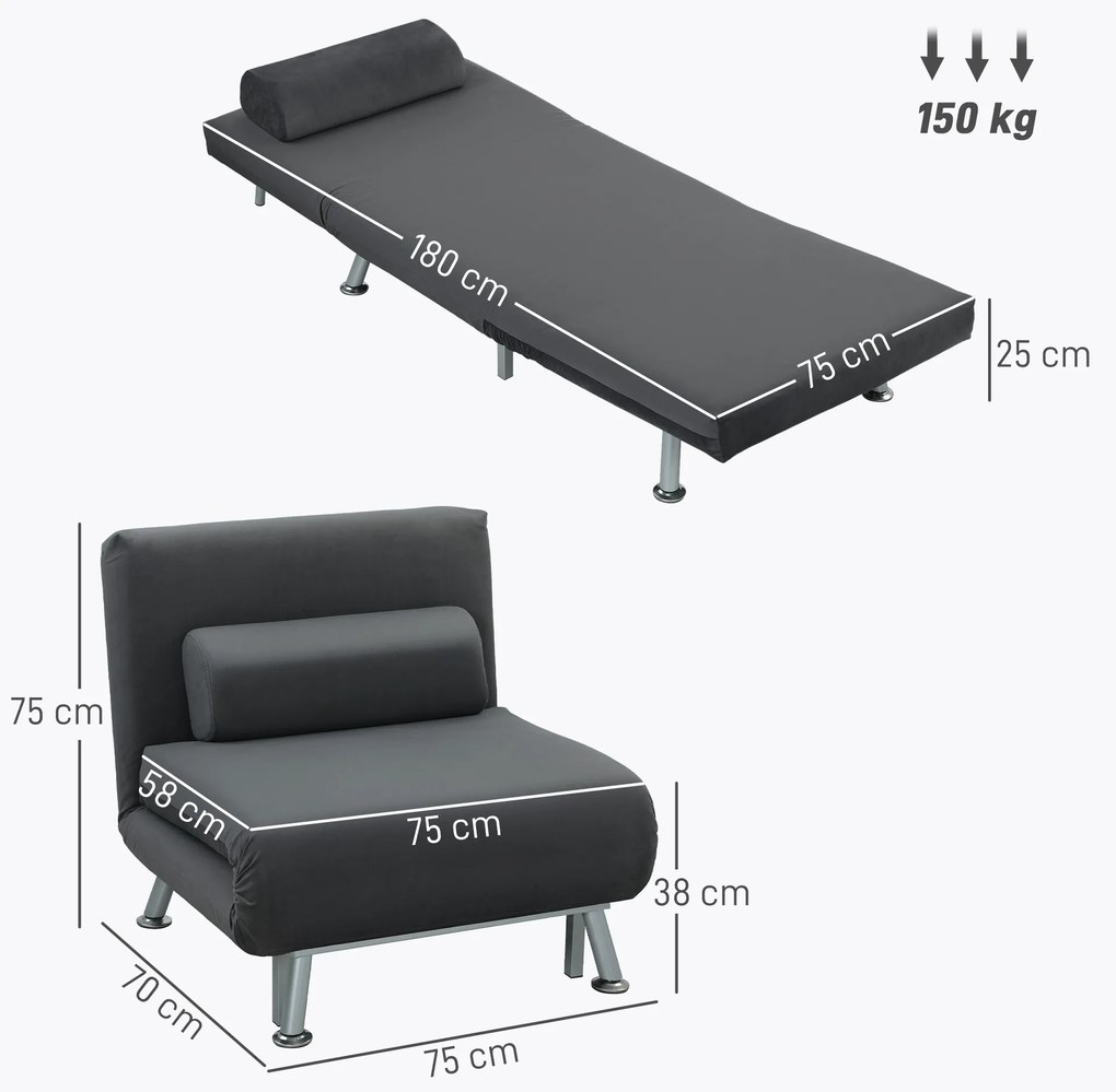 HOMCOM Πολυθρόνα-κρεβάτι, αναδιπλούμενη πολυθρόνα Relax σε βελούδινη όψη, Ρυθμιζόμενη πλάτη, 75 x 70 x 75 cm, Σκούρο γκρι