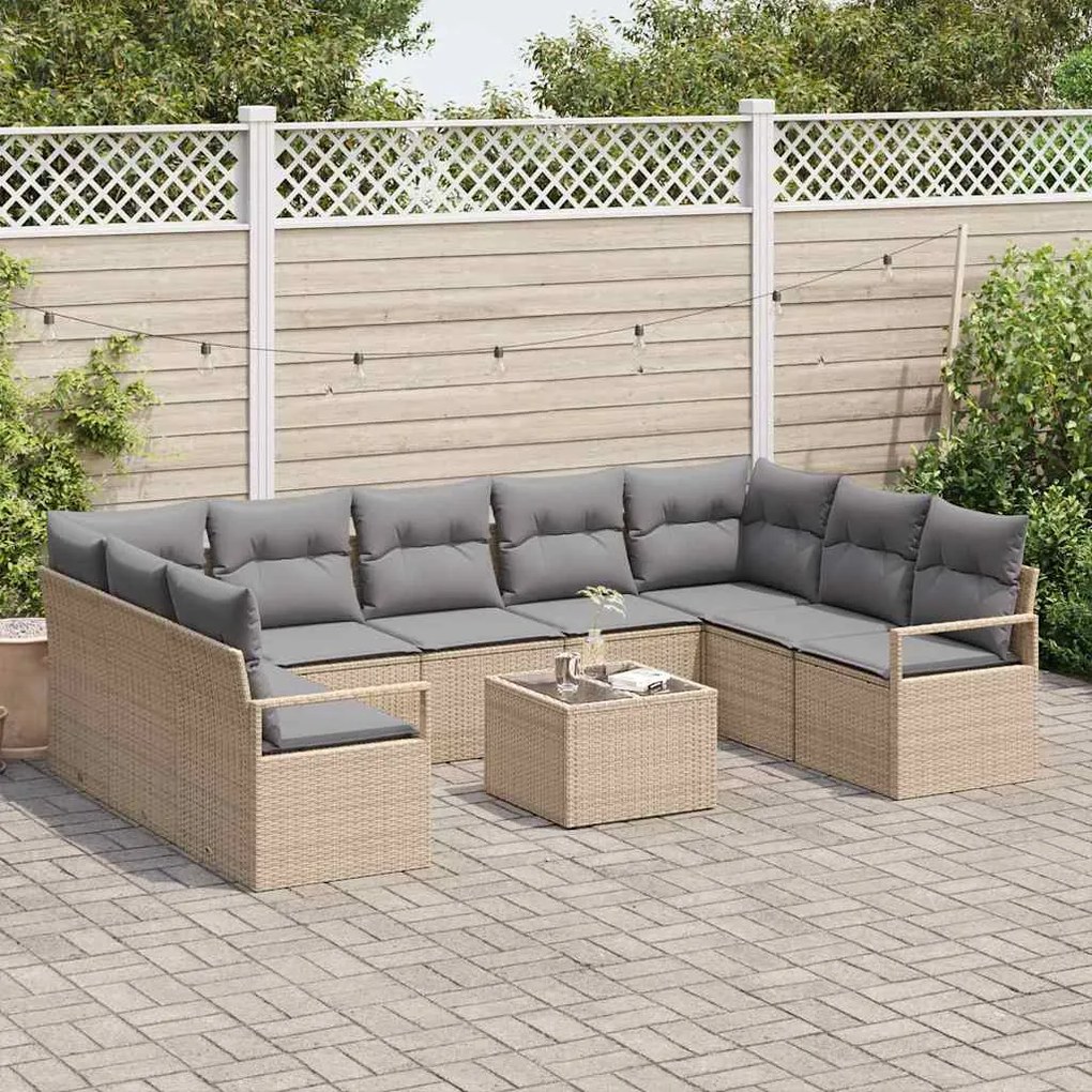vidaXL Σετ Καναπέ Κήπου με μαξιλάρι 10 pcs Μπεζ, Ανοιχτό Γκρι